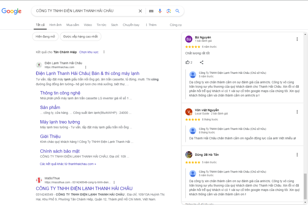 Đánh giá của khách hàng trên Google dành cho Thanh Hải Châu