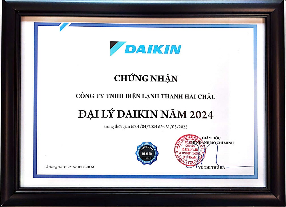 Chứng nhận đại lý của Daikin cho công ty điện lạnh Thanh Hải Châu