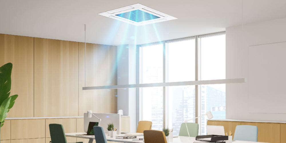 a room with a light shining through the ceiling